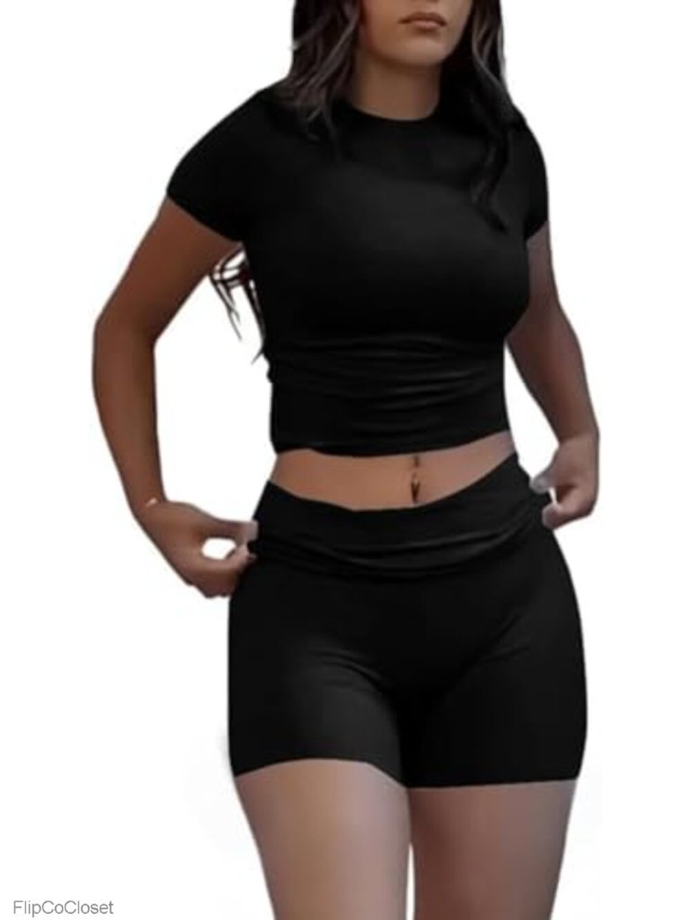 Workout Two Piece Set Short Sleeve Crop Top High Waist Foldover Shorts